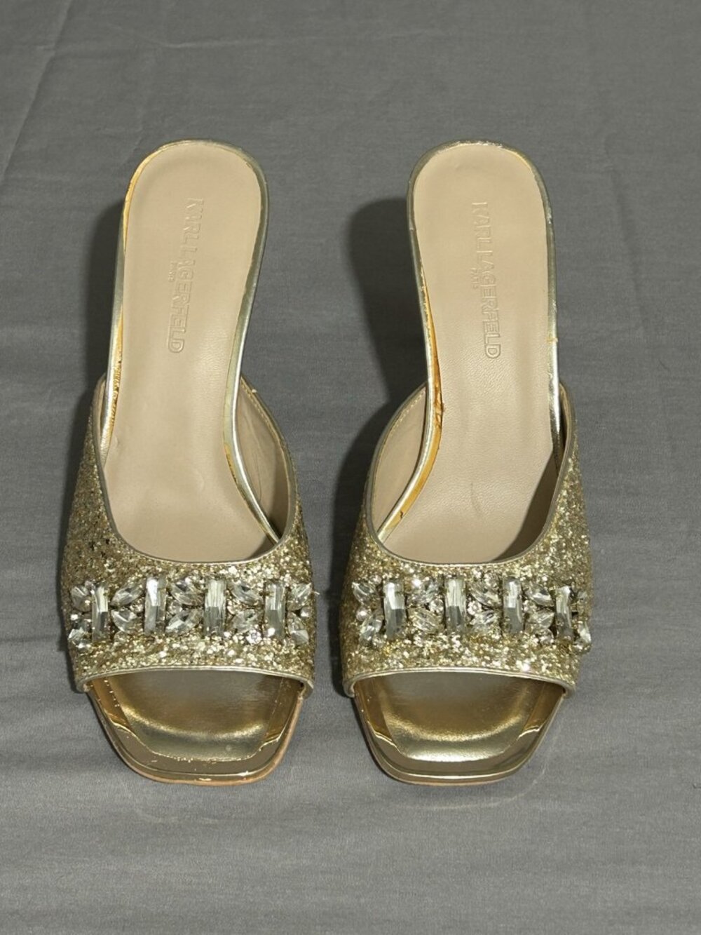 Karl Lagerfeld Paris Gold Embellished Belita Slip On Mule Heel Sz 9M/40B